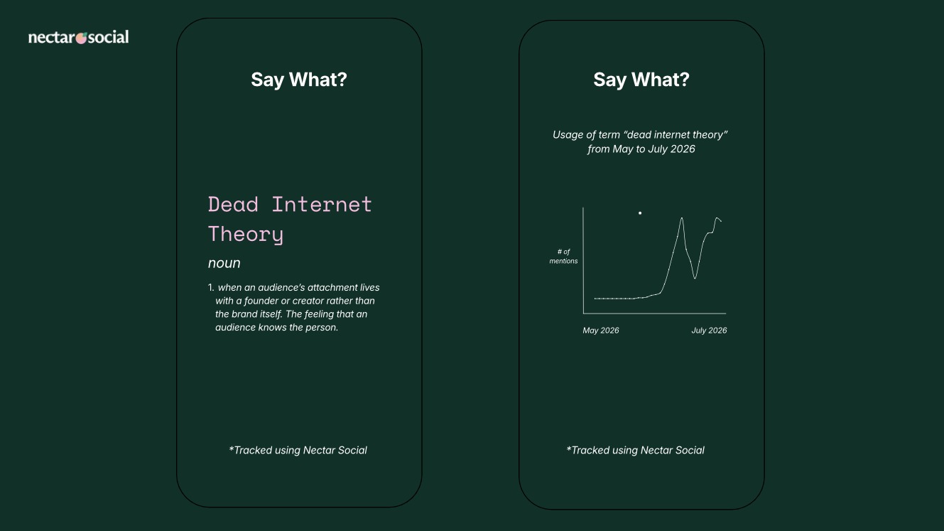 Two phone mockups for a Say What series: a term definition and a chart of mentions over time