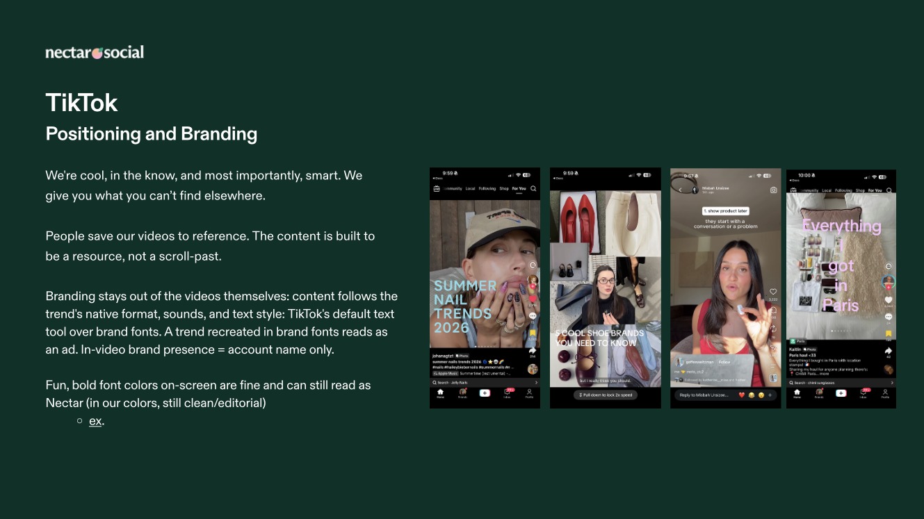 TikTok positioning and branding guidance beside four reference videos