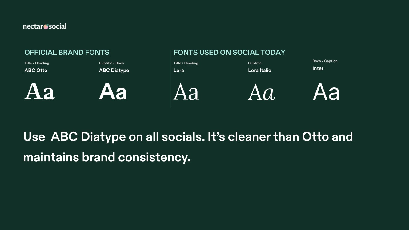 Official brand fonts compared with the fonts in use on social, with a recommendation to use ABC Diatype