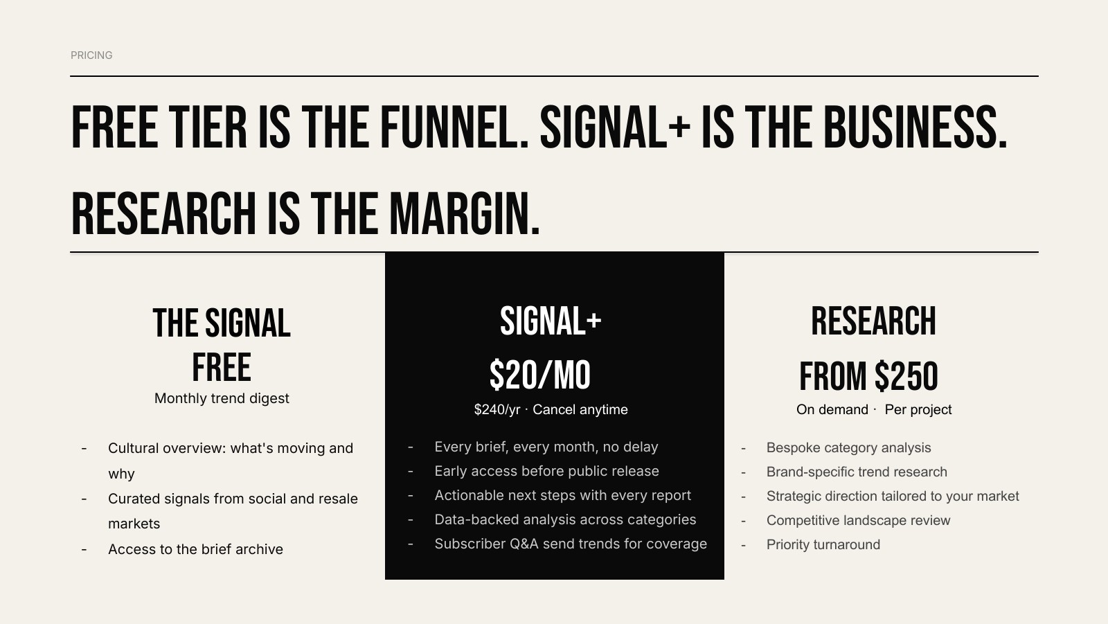 Pricing slide with three tiers