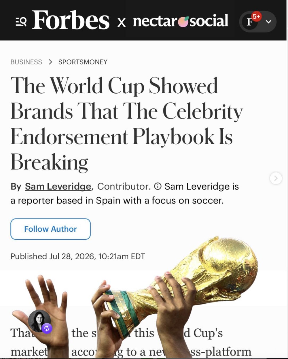 Instagram post showing a Forbes article on the World Cup and celebrity endorsements, with a Forbes x Nectar Social header and hands lifting a trophy