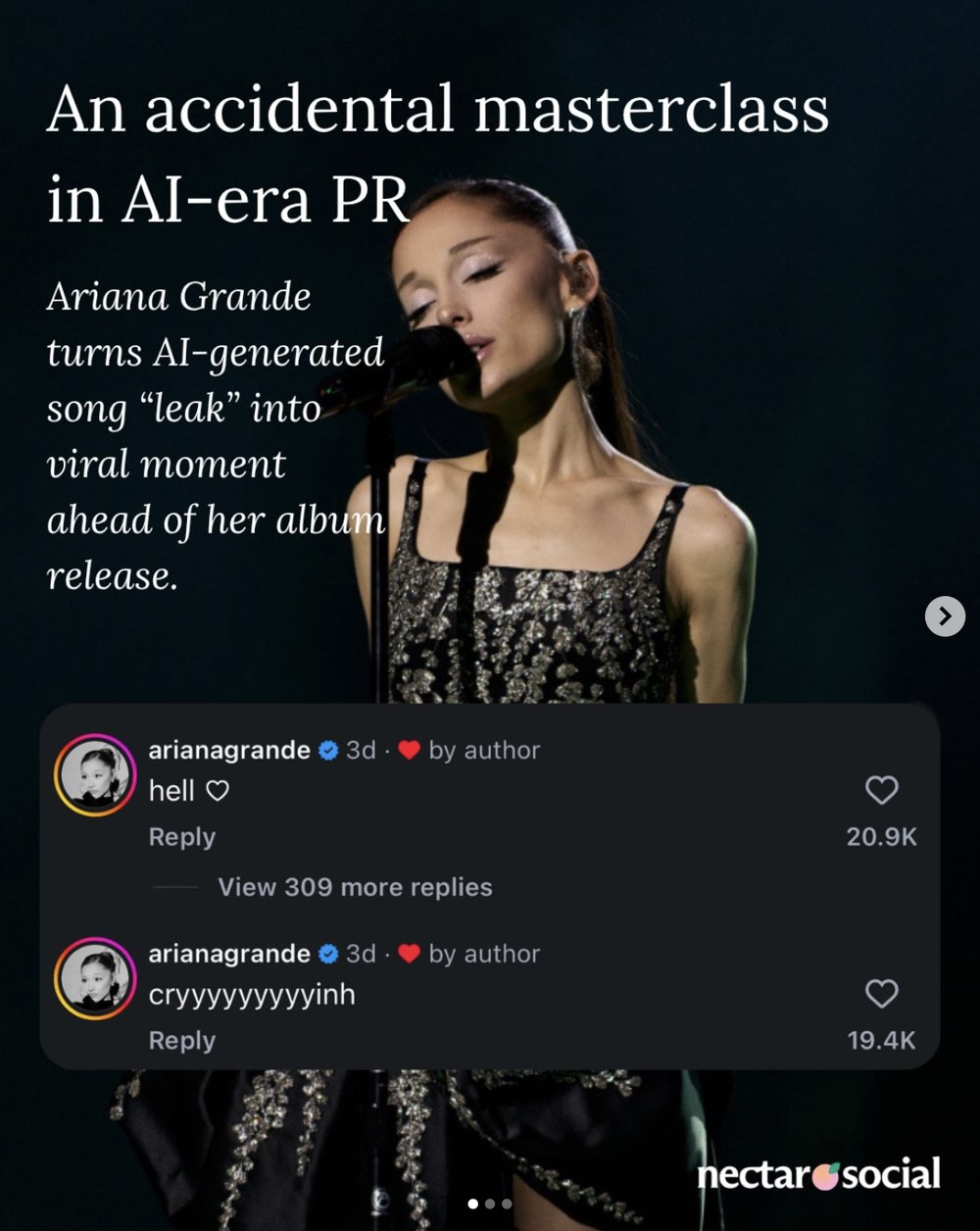 Carousel cover reading An accidental masterclass in AI-era PR, with a performer at a microphone and two Instagram comments