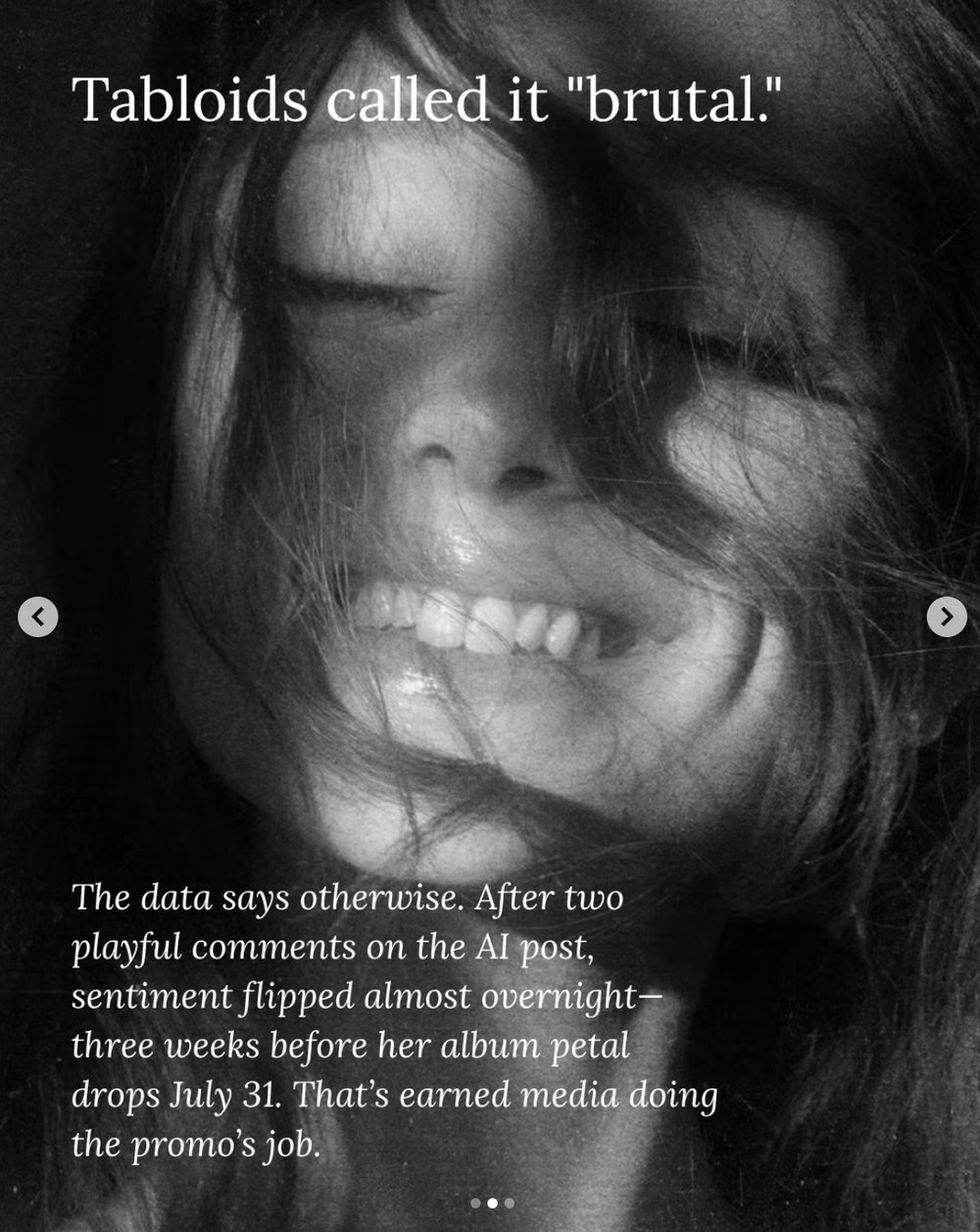 Carousel slide reading Tabloids called it brutal, with a black and white close-up portrait and a paragraph on sentiment data