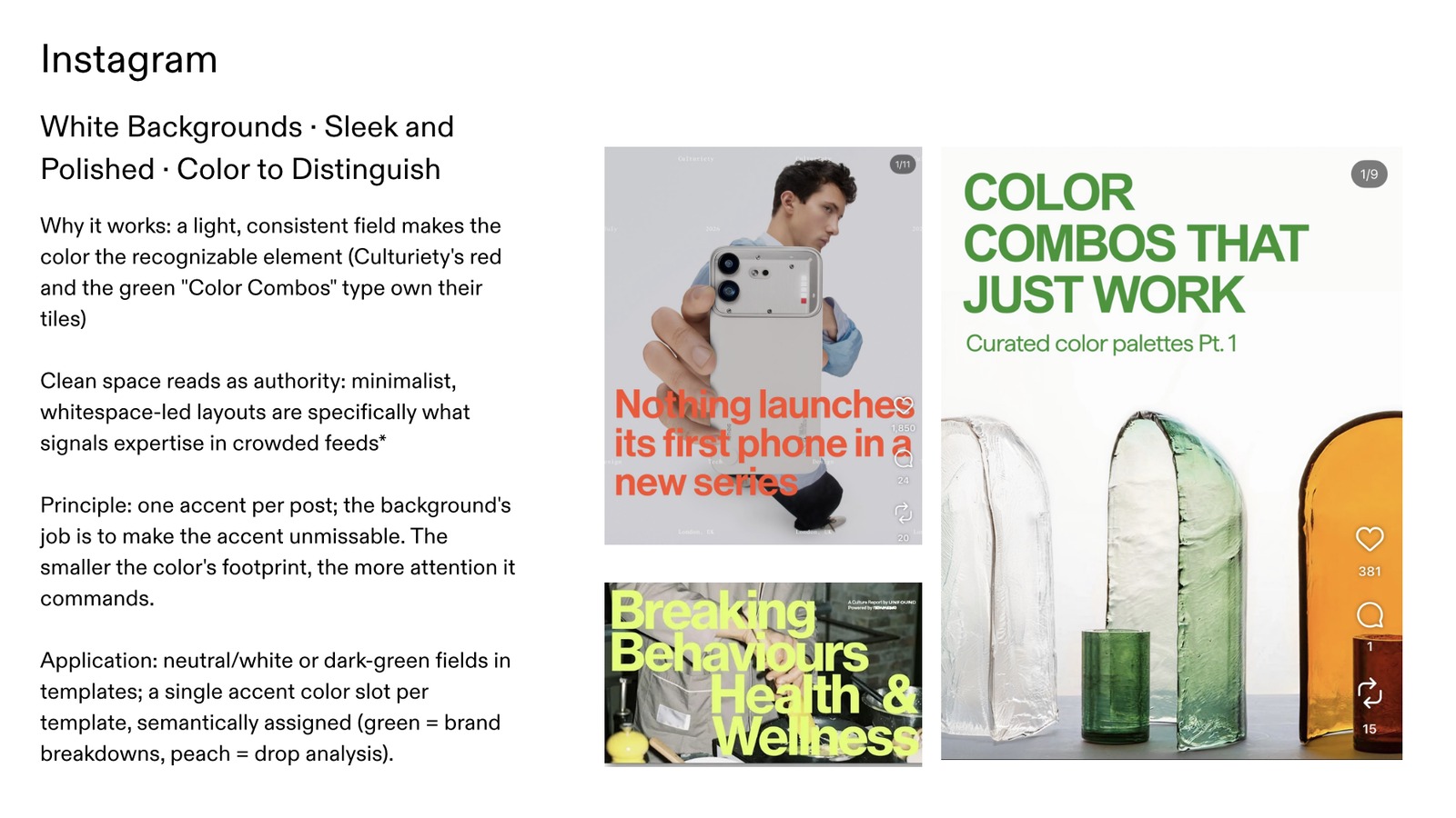 Slide on Instagram principles, with notes on white backgrounds and one accent color beside three reference posts from other accounts