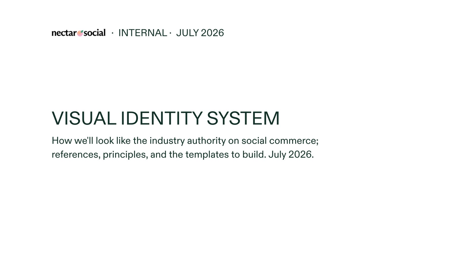 Title slide reading Visual Identity System, how we will look like the industry authority on social commerce