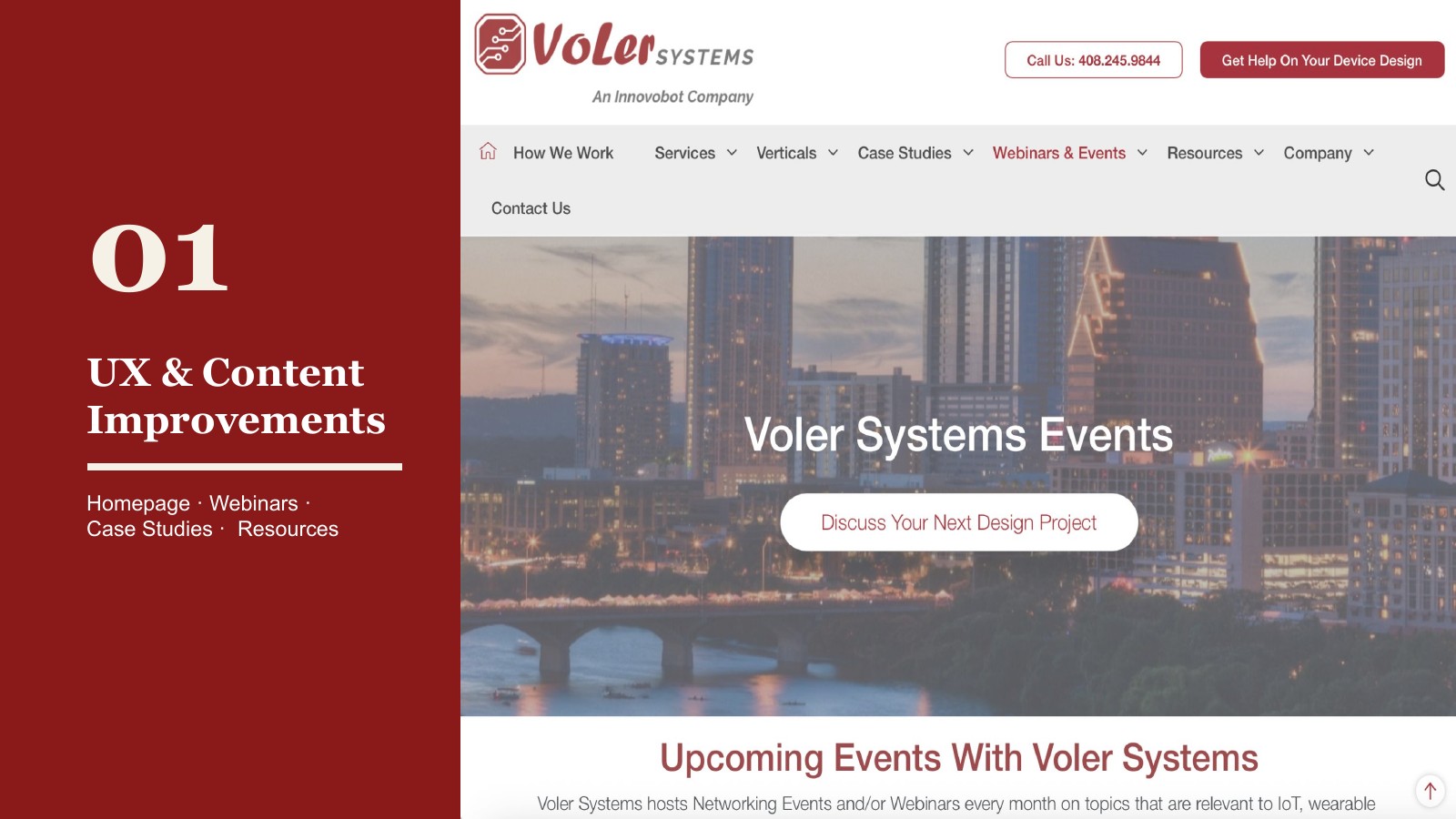Section opener for UX and Content Improvements beside a screenshot of the Voler Systems events page