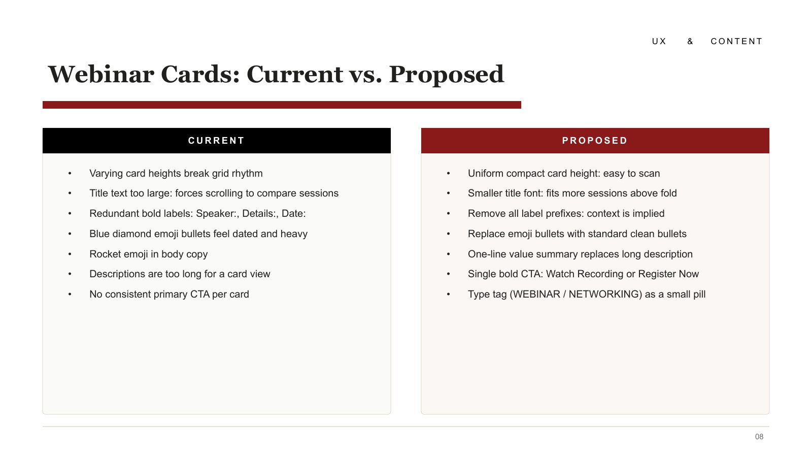 Slide comparing current and proposed webinar cards in two columns